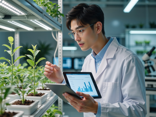 一位年轻的农业技术人员站在一片绿意盎然的现代农场中,手持平板电脑查看数据,周围是整齐的蔬菜大棚和智能灌溉设施,阳光明媚,体现科技农业的活力与希望