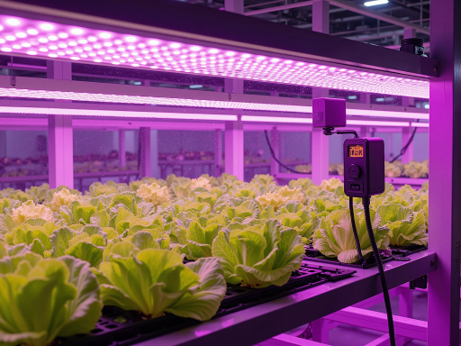 一个室内水培蔬菜种植架,多层架子上整齐摆放着生菜等叶菜,根部浸泡在营养液中,上方有LED植物生长灯照射